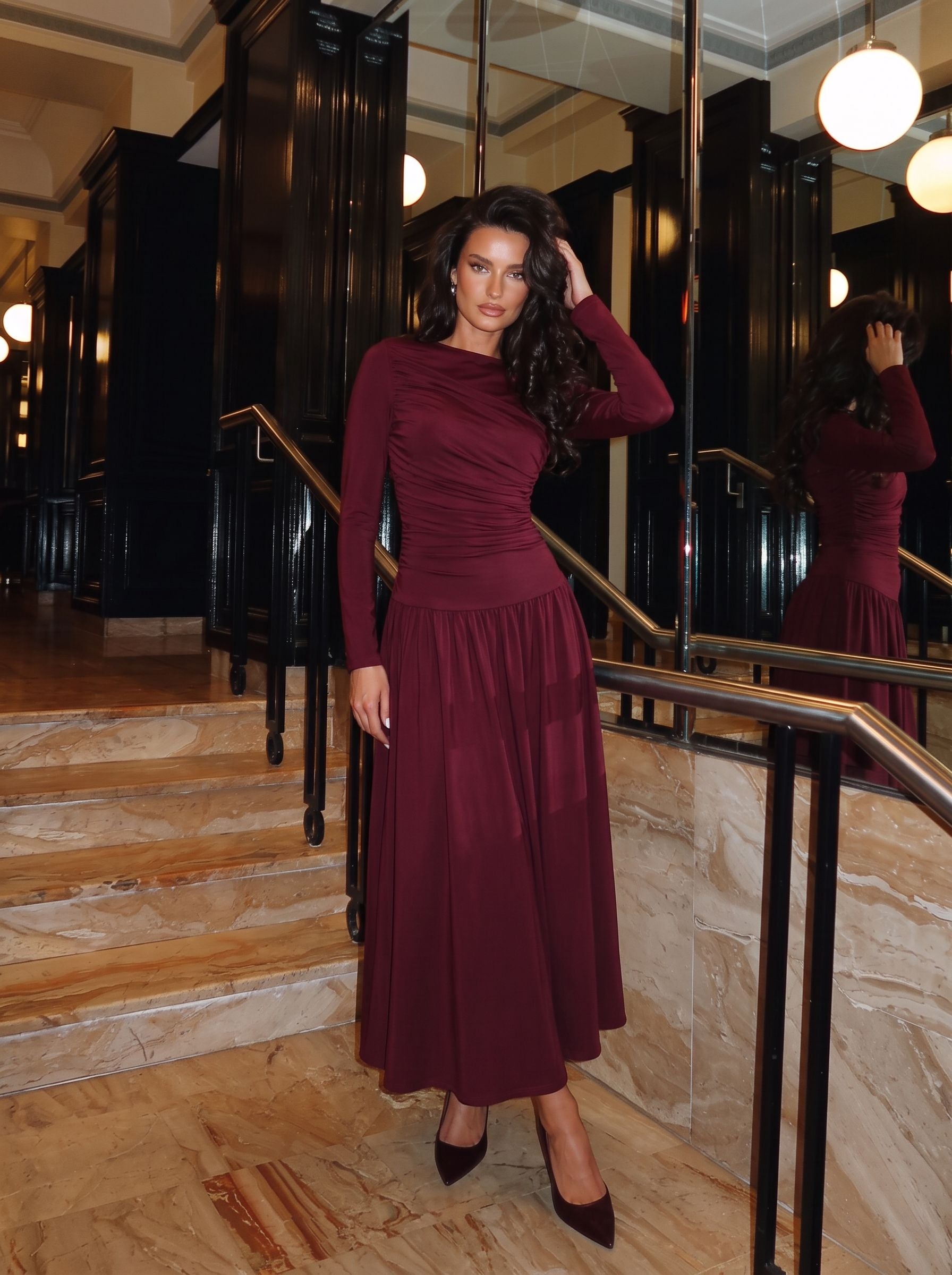 Ruched Long Sleeve Midi Dress