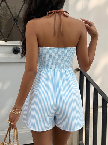Backless Striped Plunge Neck Romper