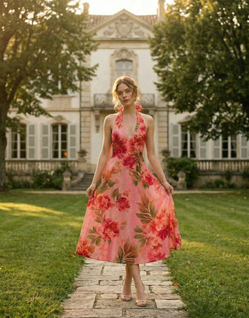 AURELIA Floral Print Halter Neck Tie Back Midi Dress