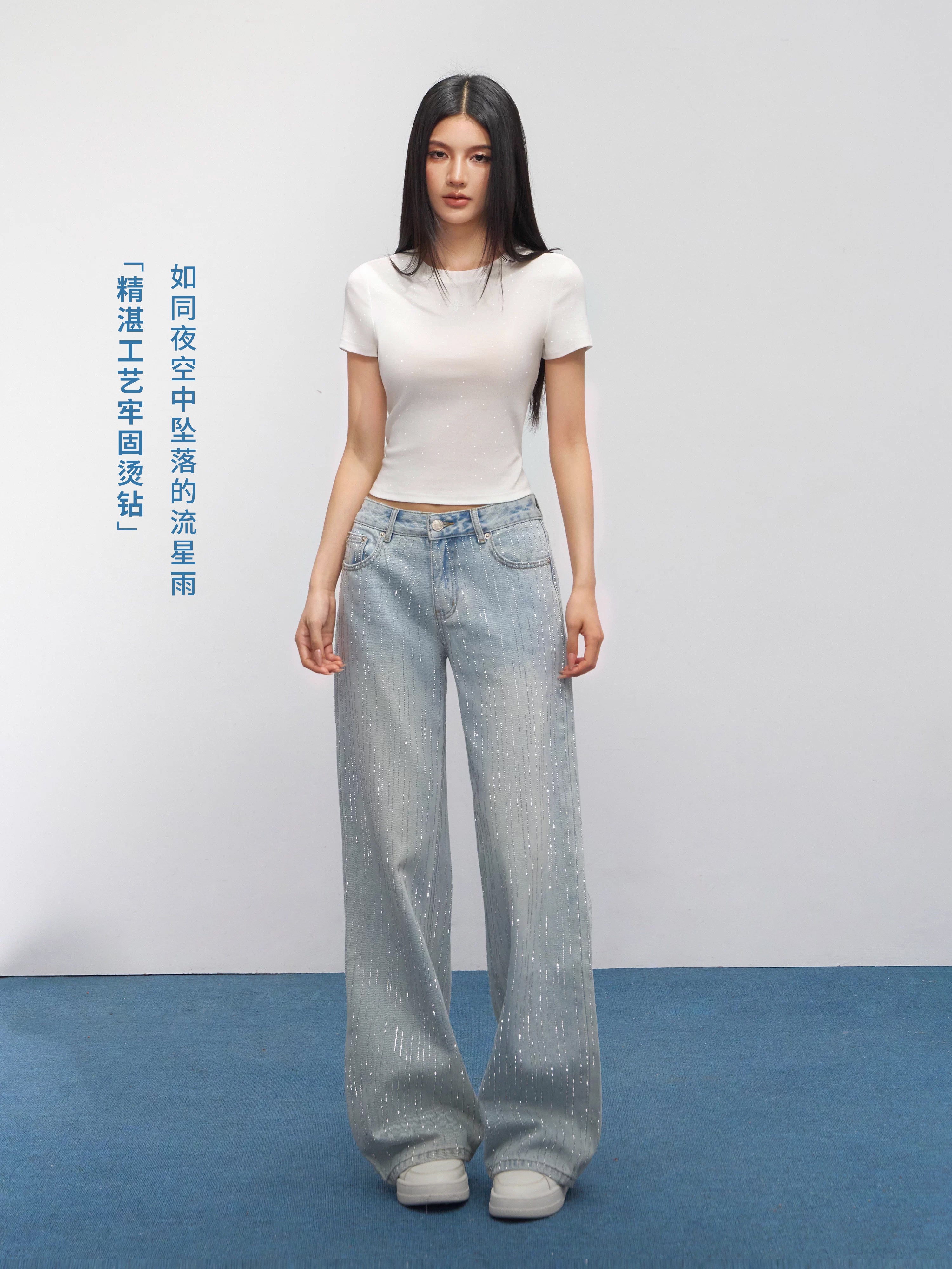 Sparkly Rhinestone High Waisted Wide Leg Jeans