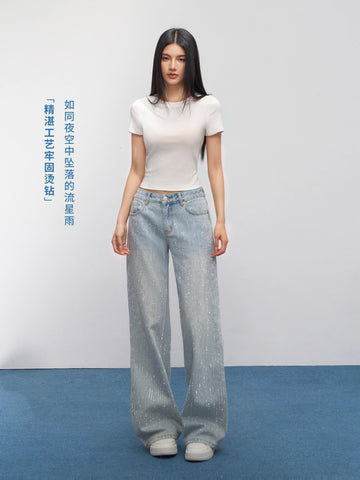Sparkly Rhinestone High Waisted Wide Leg Jeans
