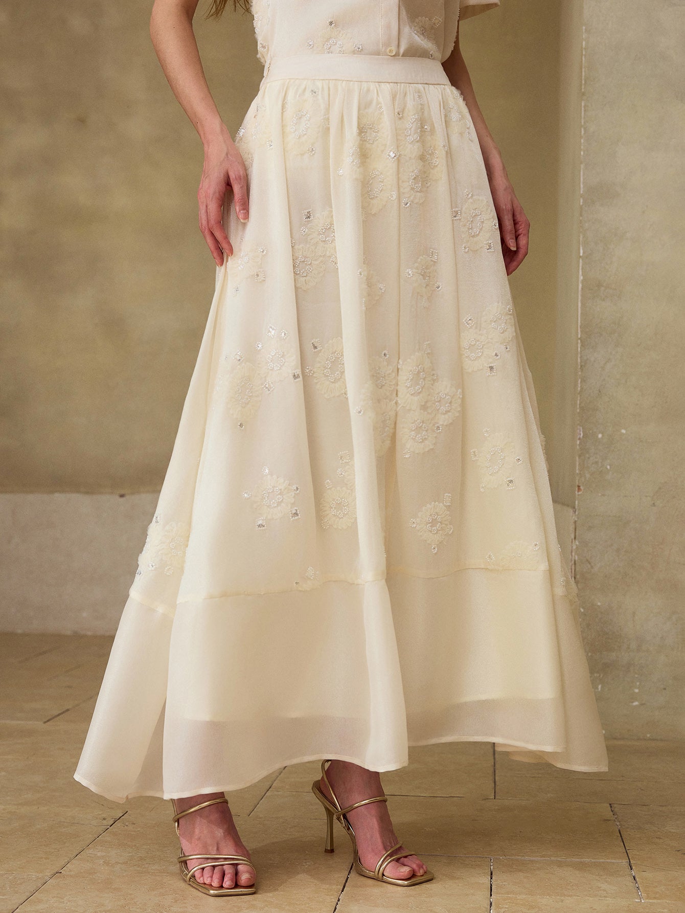 Embroidered Sheer Flowy Maxi Skirt