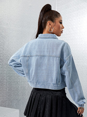 Distressed Cropped Light Wash Denim Jacket