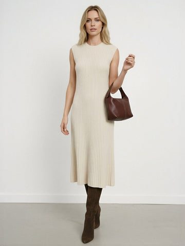 Solid Color Slim Fit Wool Knit Eleant Midi Dress