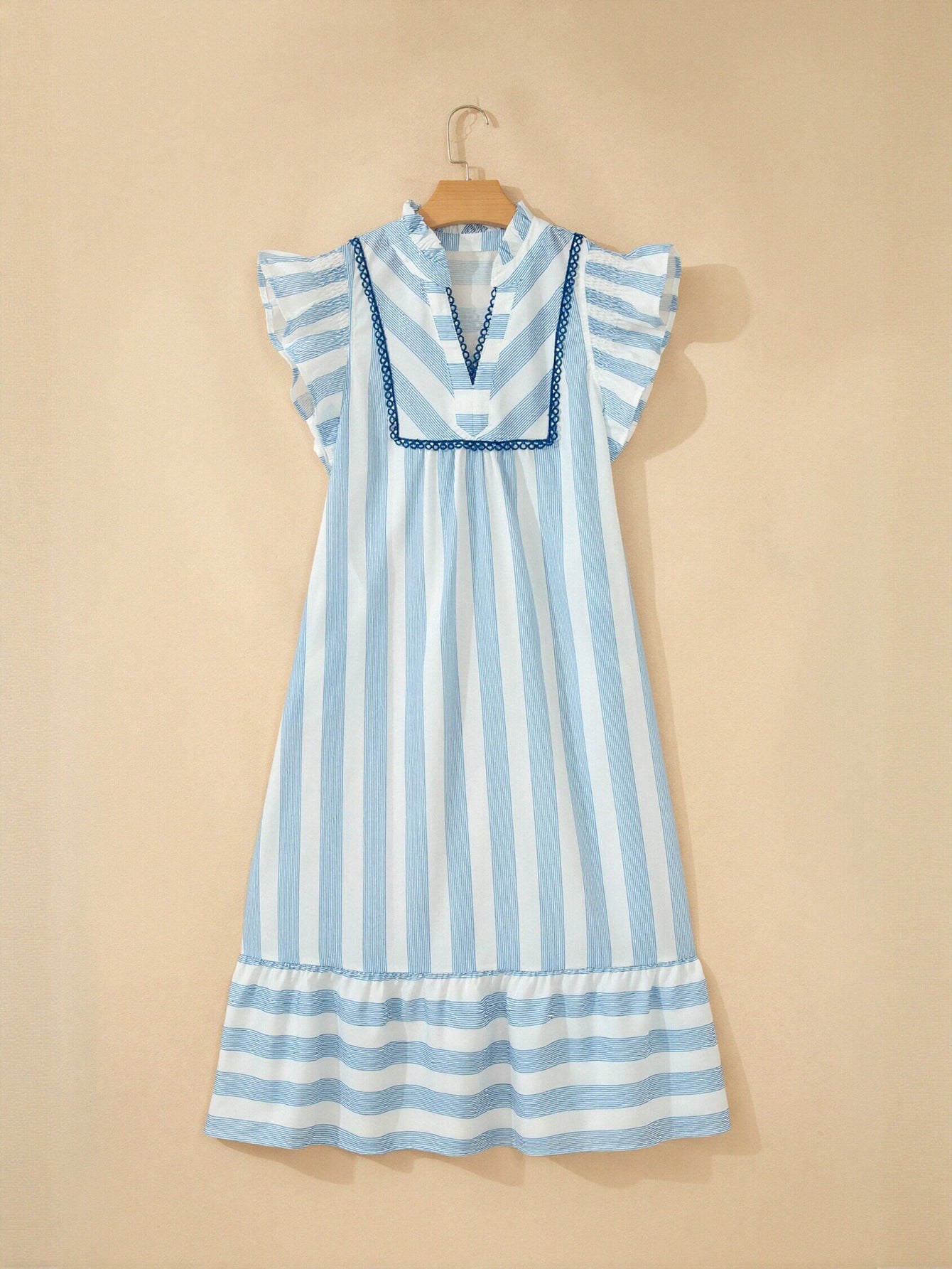 Ruffled Striped V Neck Midi Dress