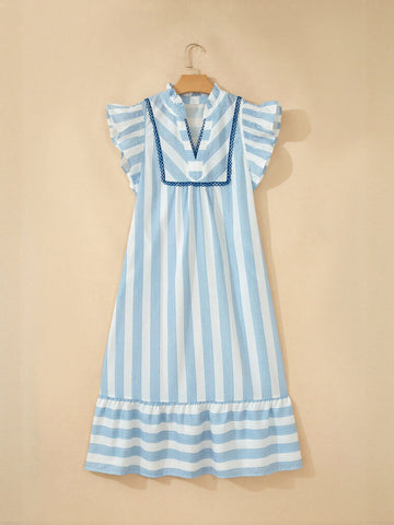 Ruffled Striped V Neck Midi Dress