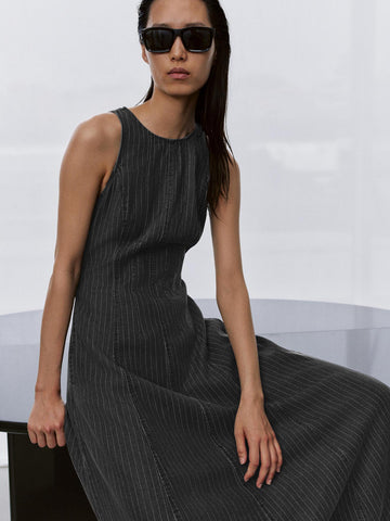 Urban Revivo Sleeveless Denim Midi Dresses-Deep Dark Gray Stripes