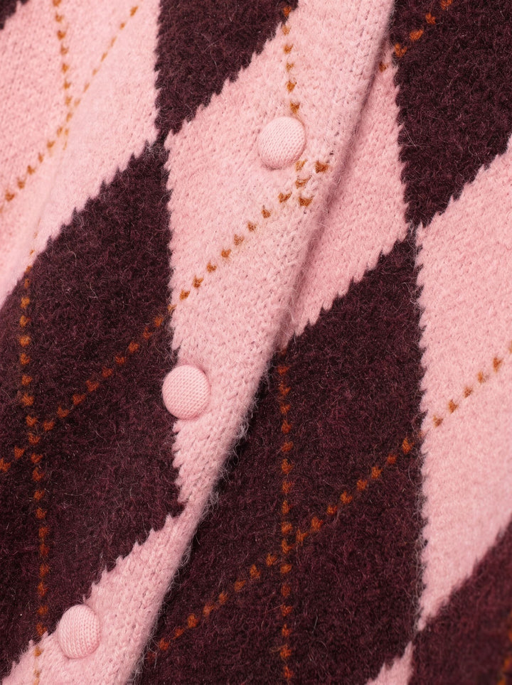 Cropped Argyle Pattern Knit Cardigan