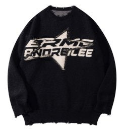 Distressed Graphic Oversized Knit Sweater
