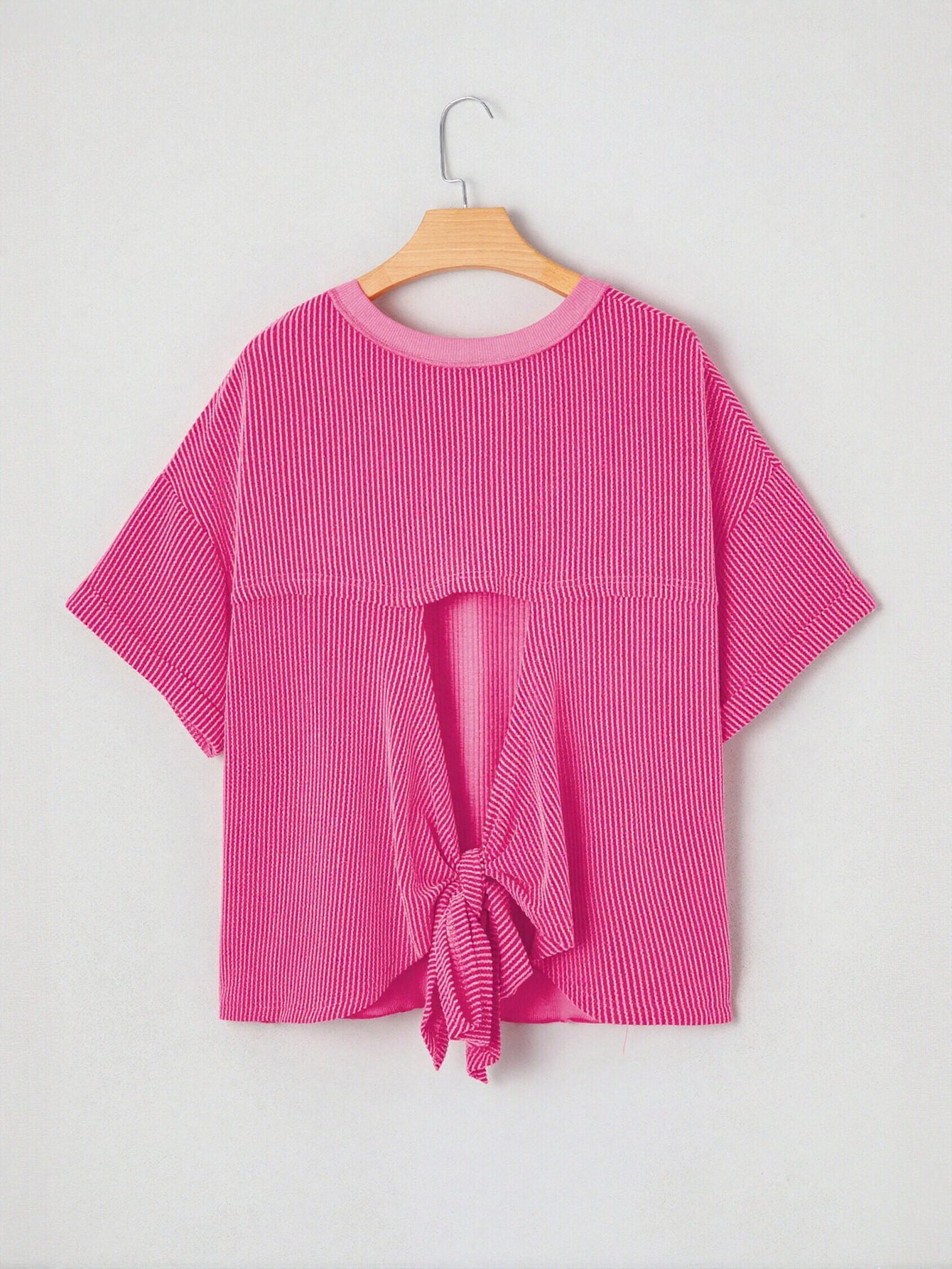Ribbed Oversized Pink Crewneck T-Shirt