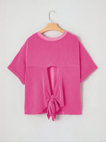 Ribbed Oversized Pink Crewneck T-Shirt