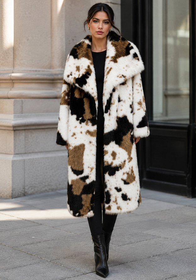 Luxurious Cow Print Faux Fur Coat