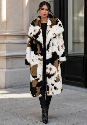 Luxurious Cow Print Faux Fur Coat