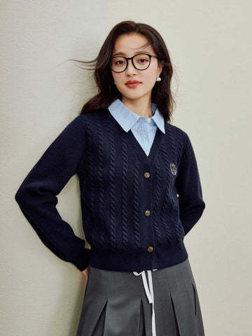 Preppy Cable Knit V Neck Cardigan