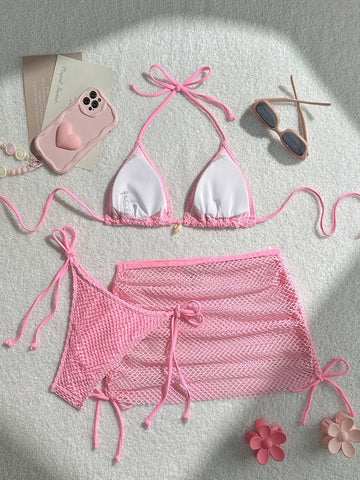 Pink Crochet Mesh Bikini Three Piece Set