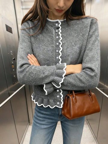Cozy Lettuce Trim Button Cardigan
