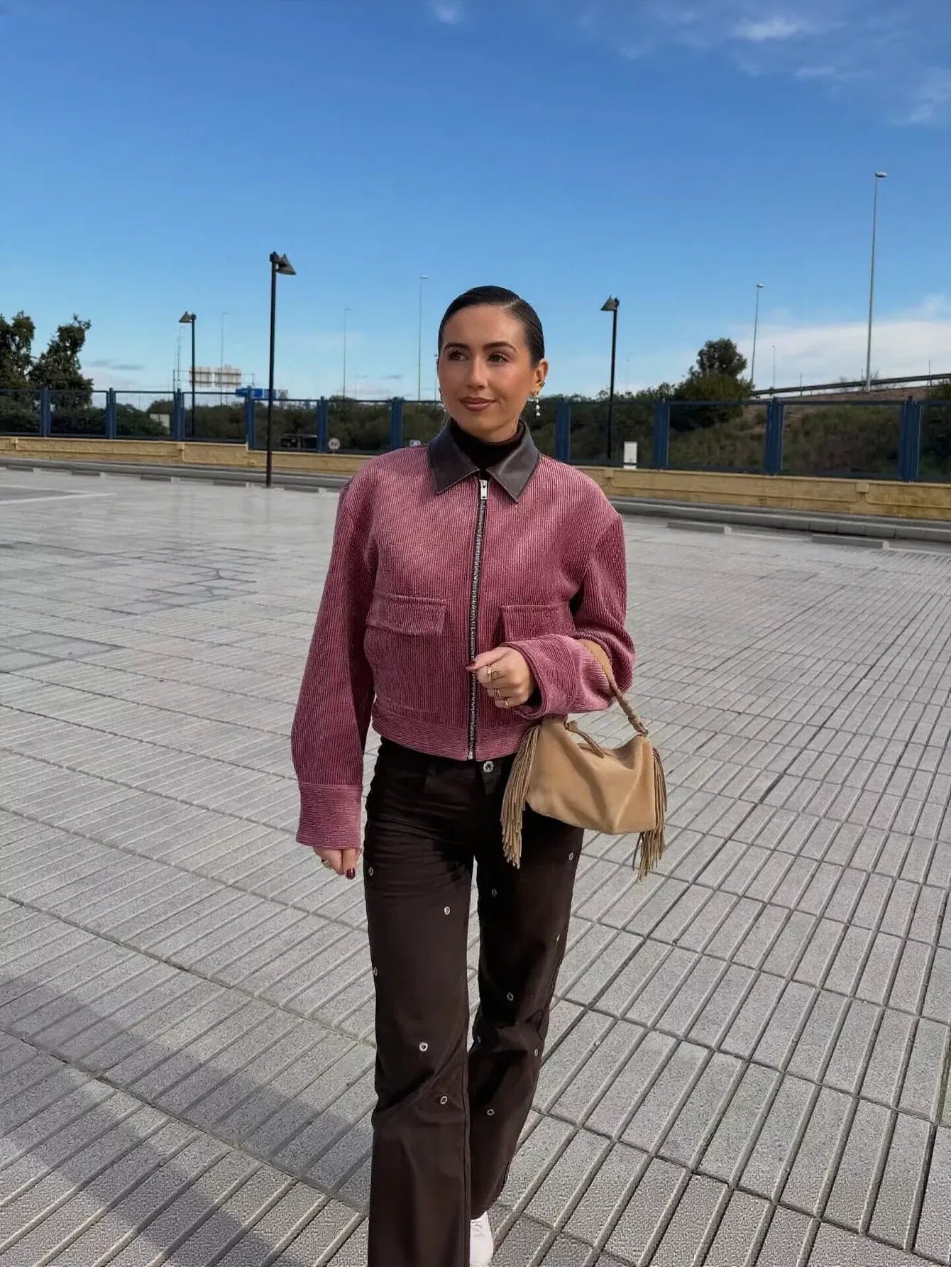 Contrast Collar Corduroy Zip Jacket