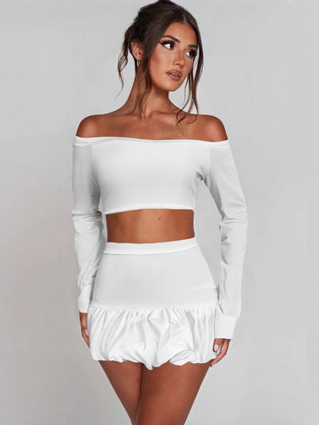 Off Shoulder Bubble Hem Skirt Set