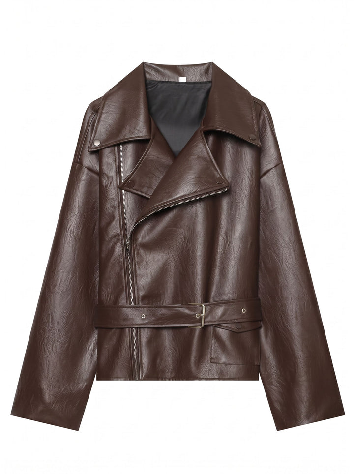 Oversized Brown Faux Leather Moto Jacket