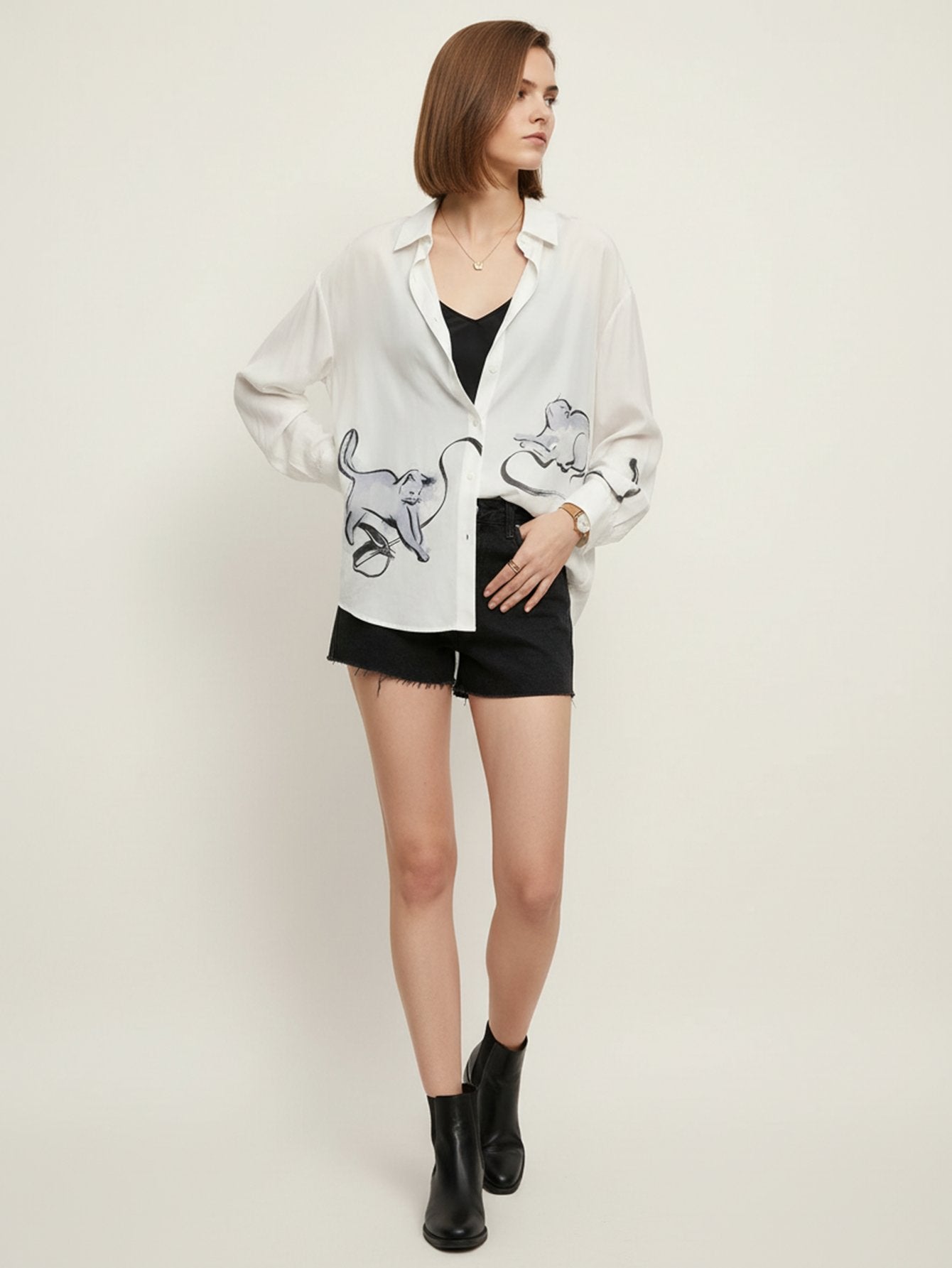 Cat Print Long Sleeves Shirt