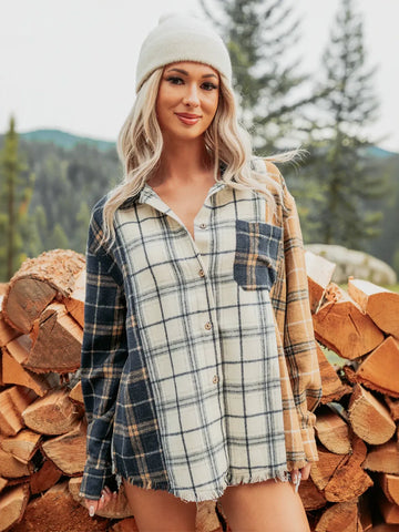 Oversized Colorblock Plaid Button Up Jacket