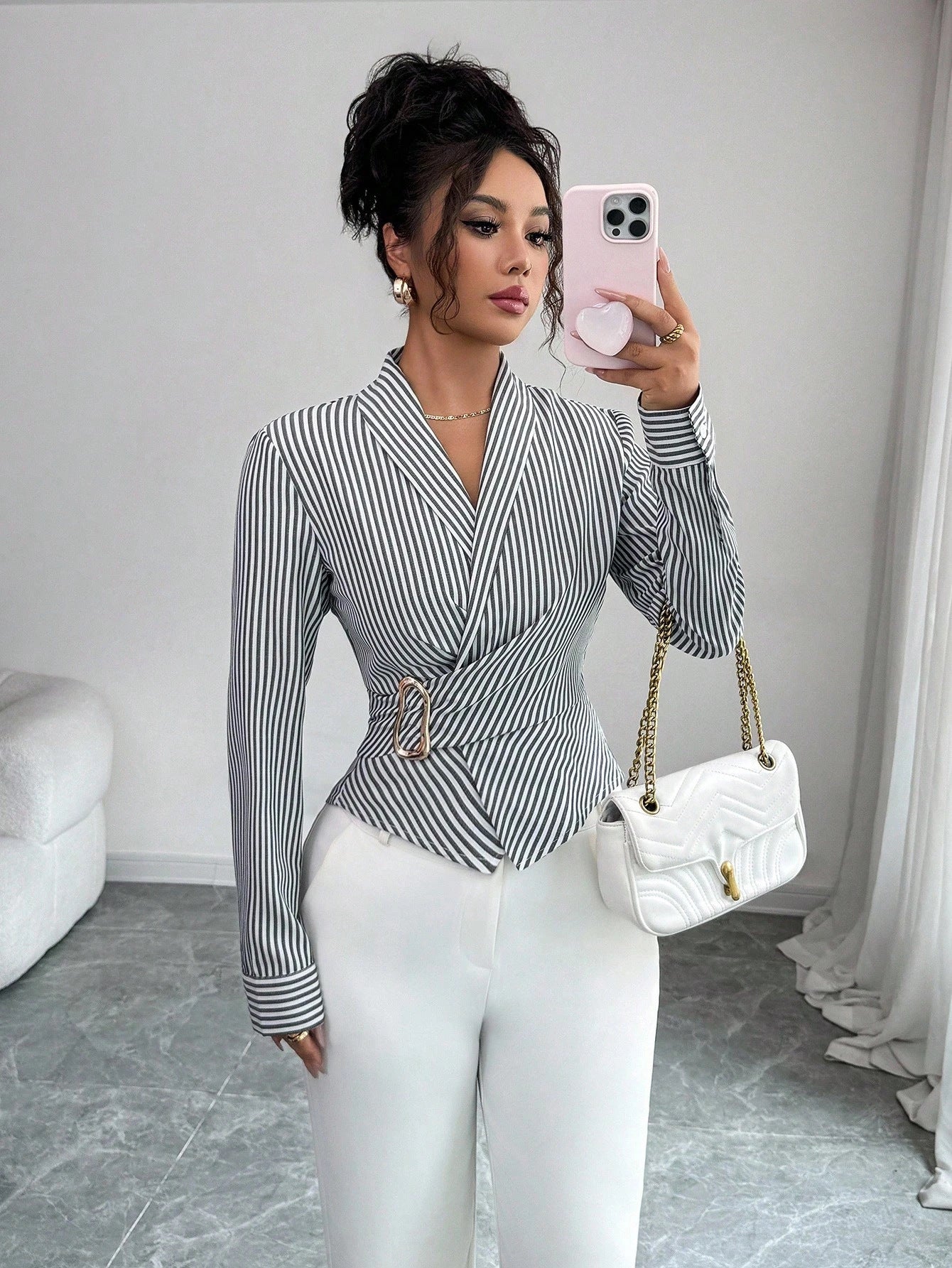 Elegant Striped Buckle Detail Blouse