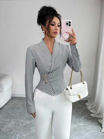 Elegant Striped Buckle Detail Blouse