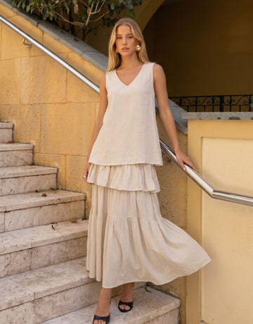 Tiered V Neck Sleeveless Maxi Dress