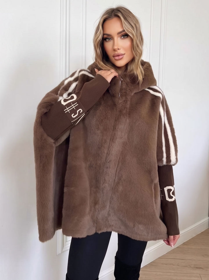 Cozy Hooded Faux Fur Cape Jacket