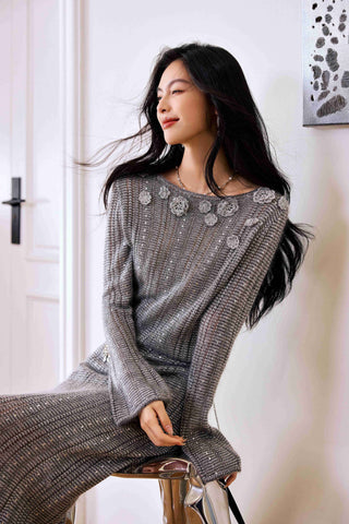 Metallic Textured Floral Knit Midi Skirt