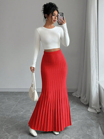 High Waisted Ribbed Knit Maxi Skirt
