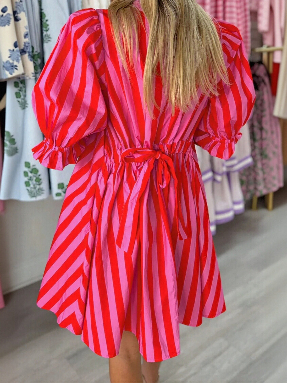 Vibrant Striped Puff Sleeve Mini Dress