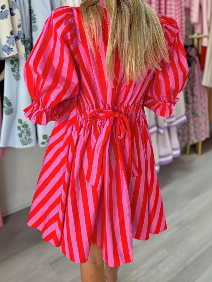 Vibrant Striped Puff Sleeve Mini Dress