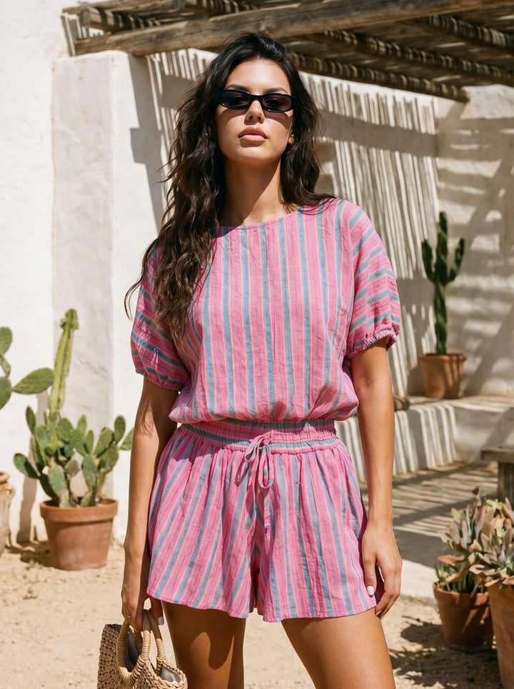 Casual Striped Linen Short Set