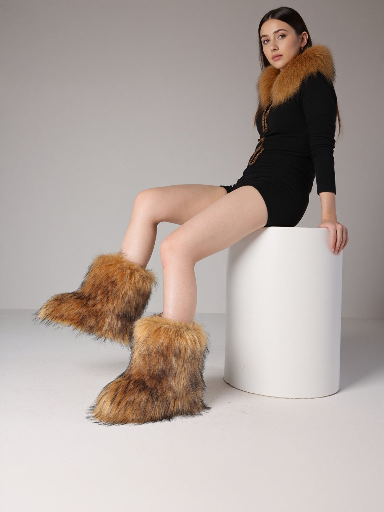 Plush Sheepskin Mid-Calf Slip-On Cozy Boots-Black