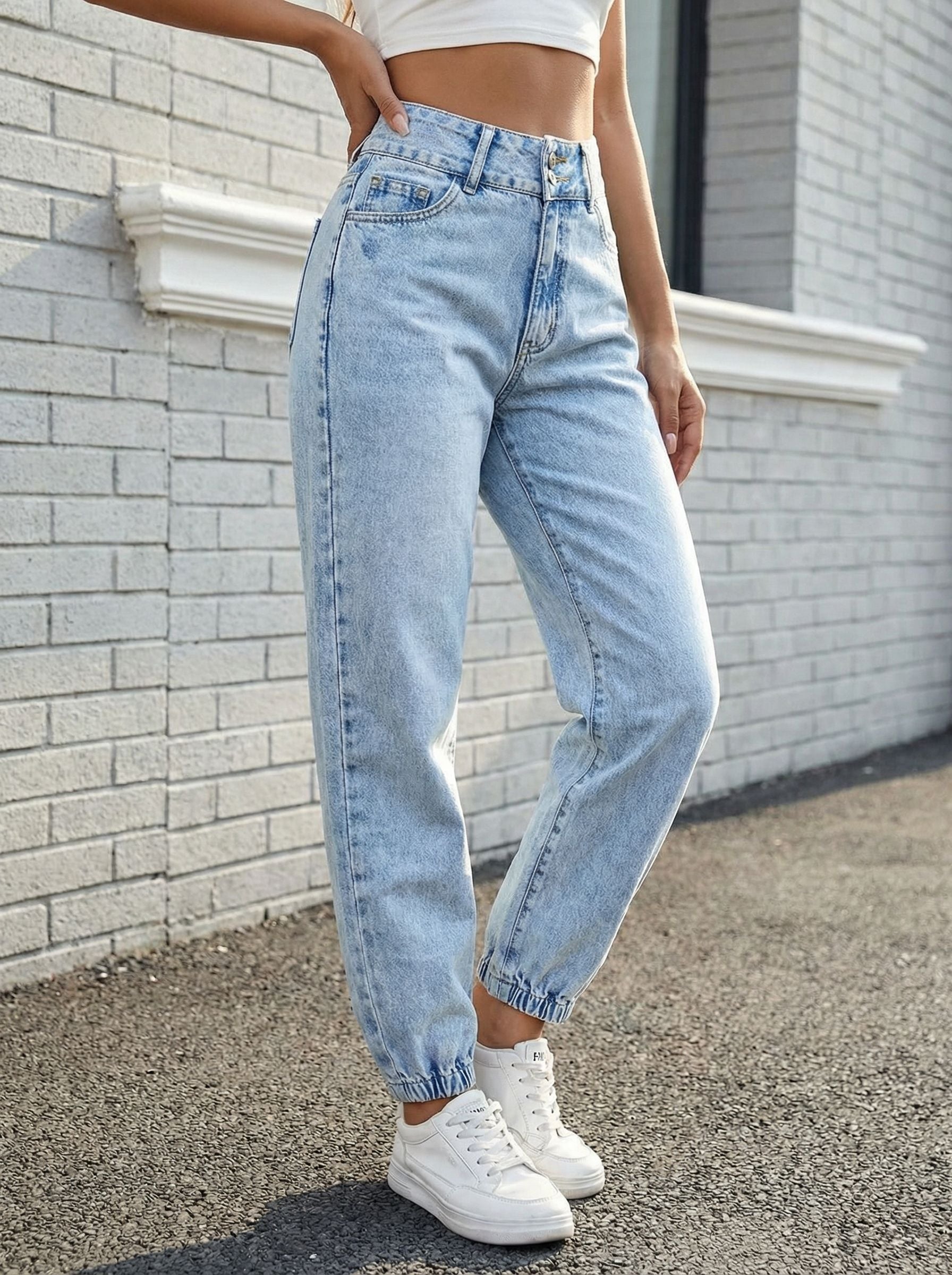 High-Waisted Cropped Cuff Straight-Leg Street Jeans-Light Blue