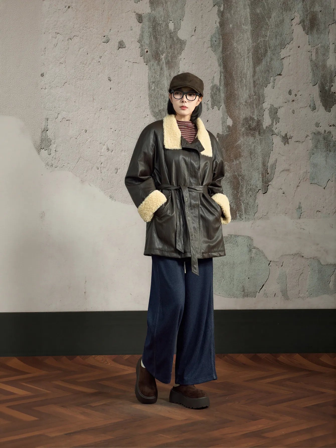 Oversized Faux Shearling Trim Leather Jacket