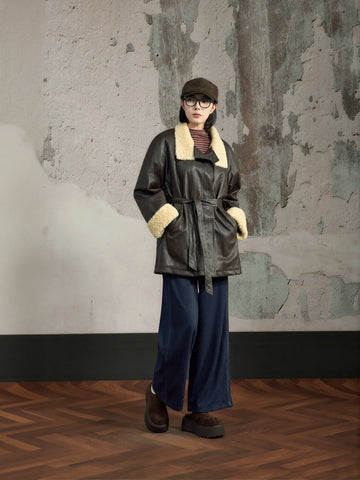 Oversized Faux Shearling Trim Leather Jacket