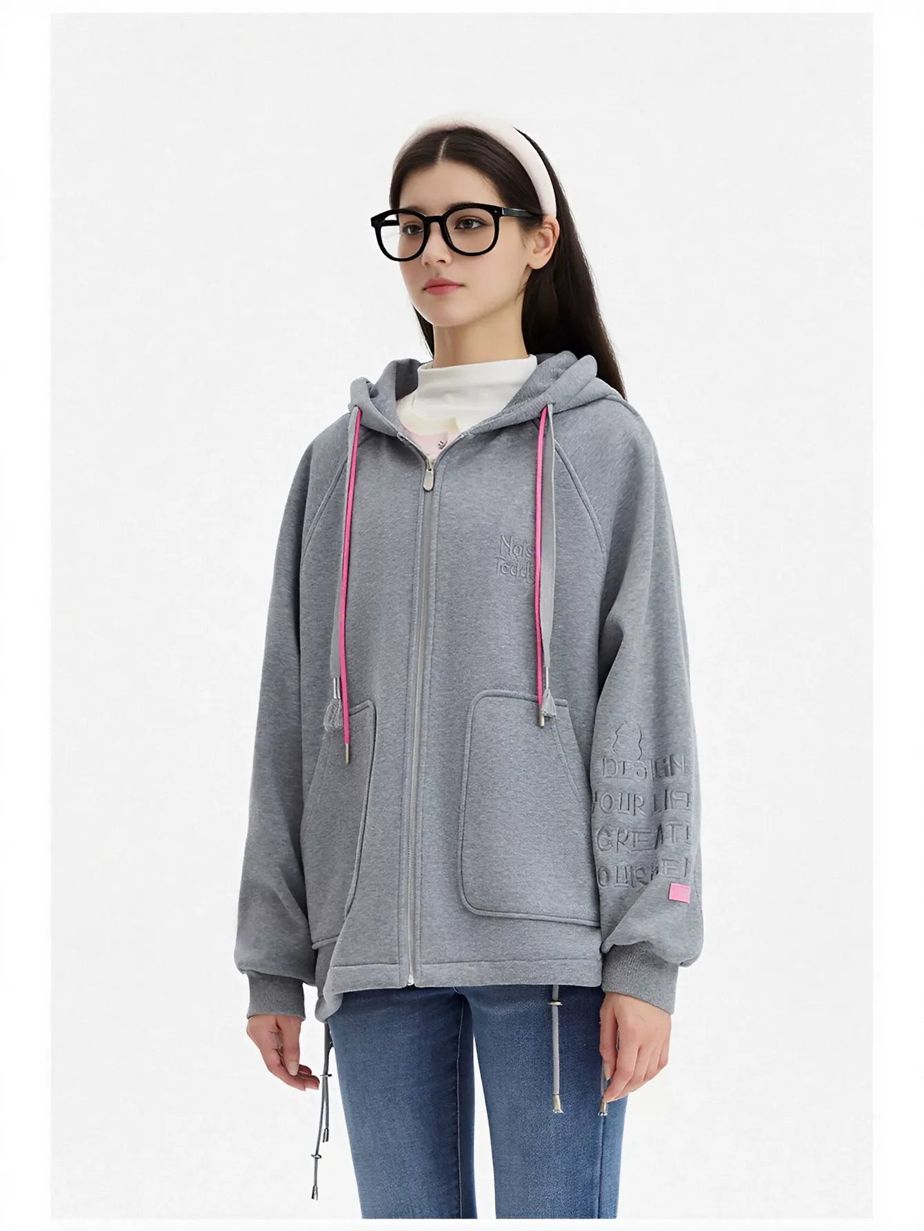 Oversized Graphic Bear Zip Up Hooded Jacket