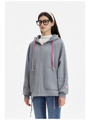 Oversized Graphic Bear Zip Up Hooded Jacket