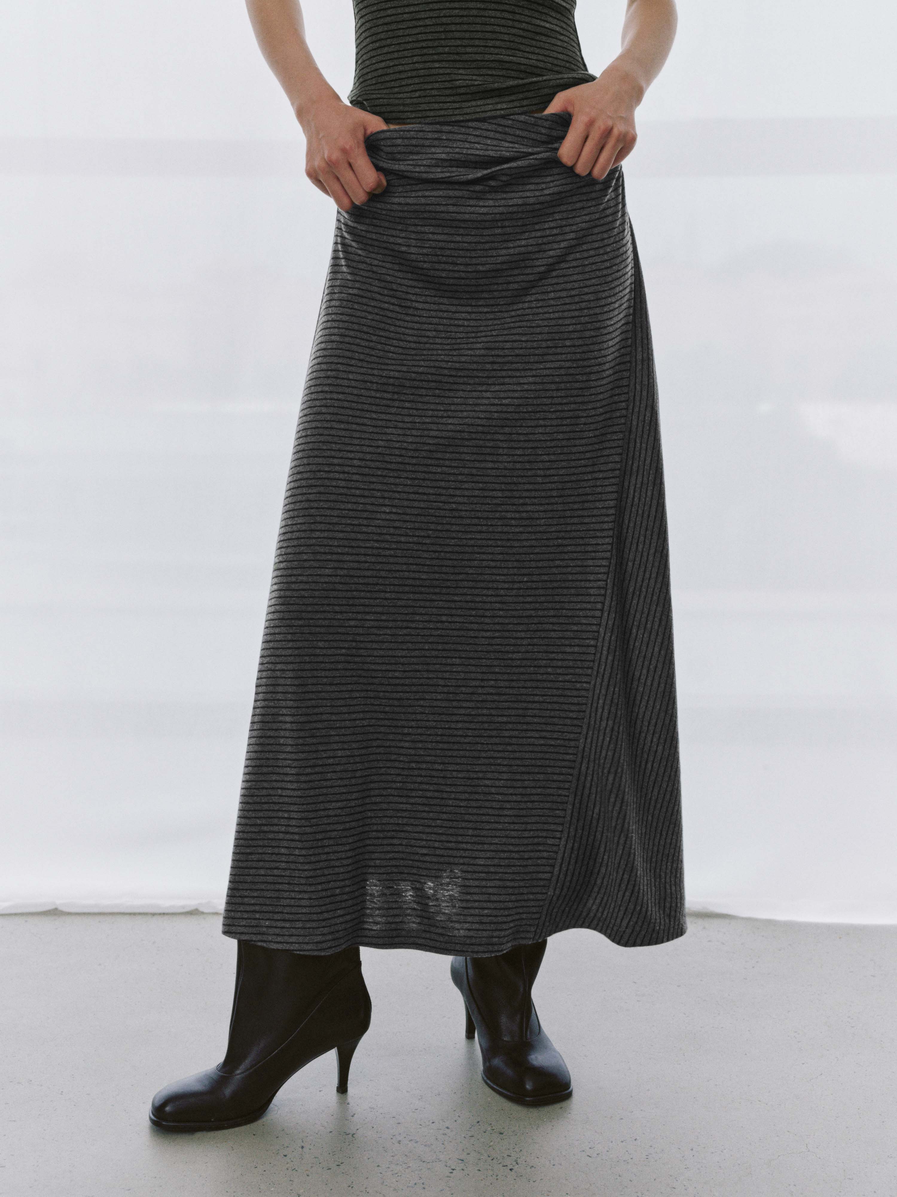 Asymmetric Striped Ruched Straight Maxi Skirts