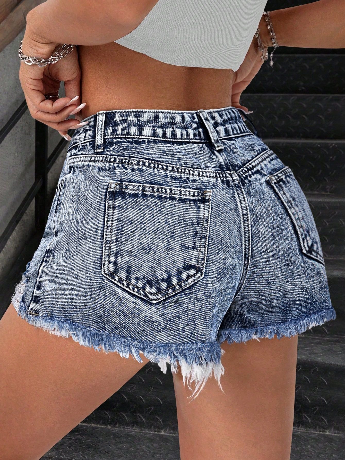 Distressed Acid Wash Denim Shorts