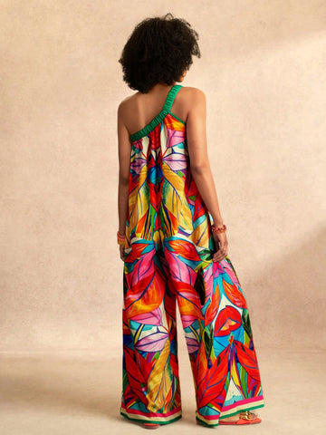 Tropical One Shoulder Wide Leg Jumpsuit