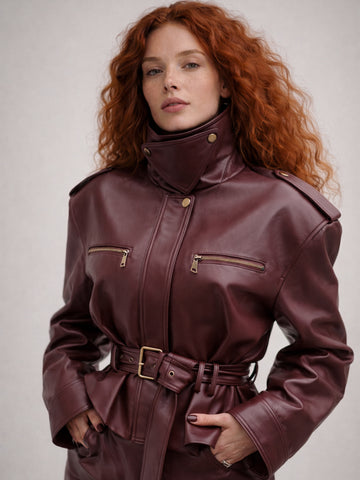 Belted Cropped Faux Leather Jacket