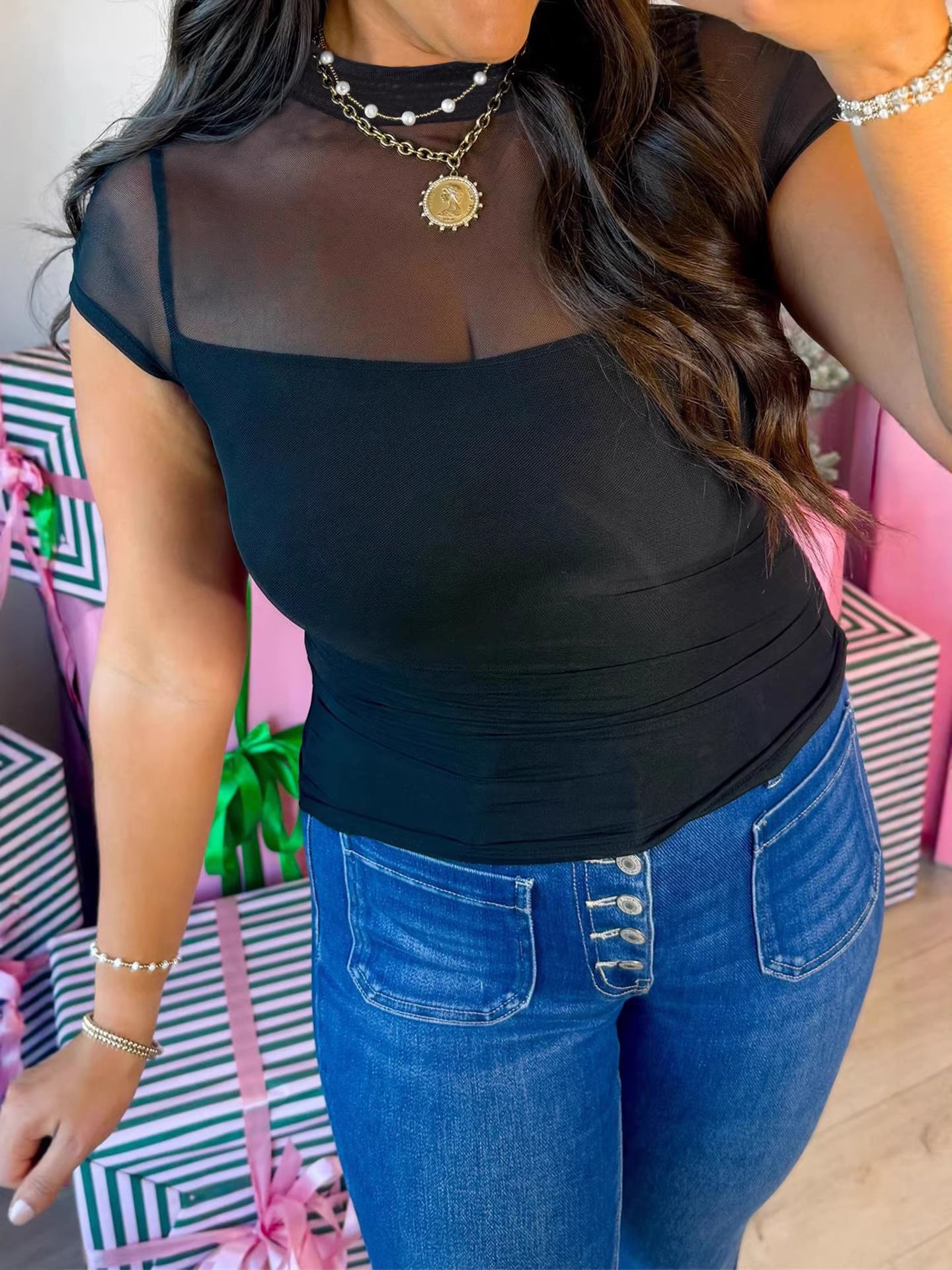 Sheer Neckline Short Sleeve T-Shirt
