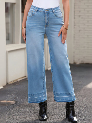 High Rise Raw Hem Wide Leg Jeans