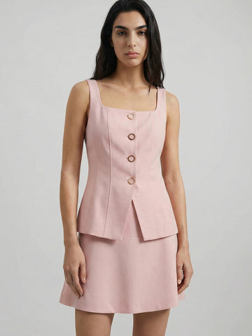 SAÏA Square Neck Ring-Button Elegant Tank-Pink