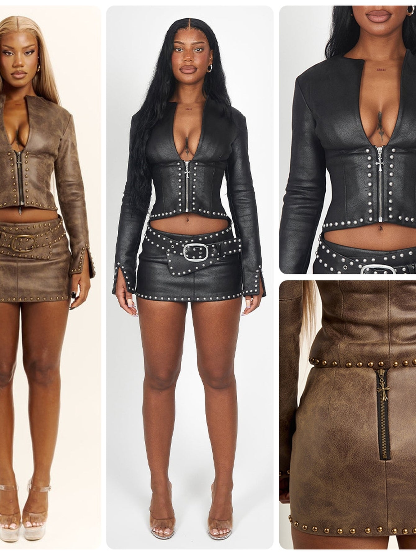 Studded Faux Leather Skirt Set