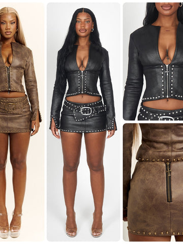 Studded Faux Leather Skirt Set