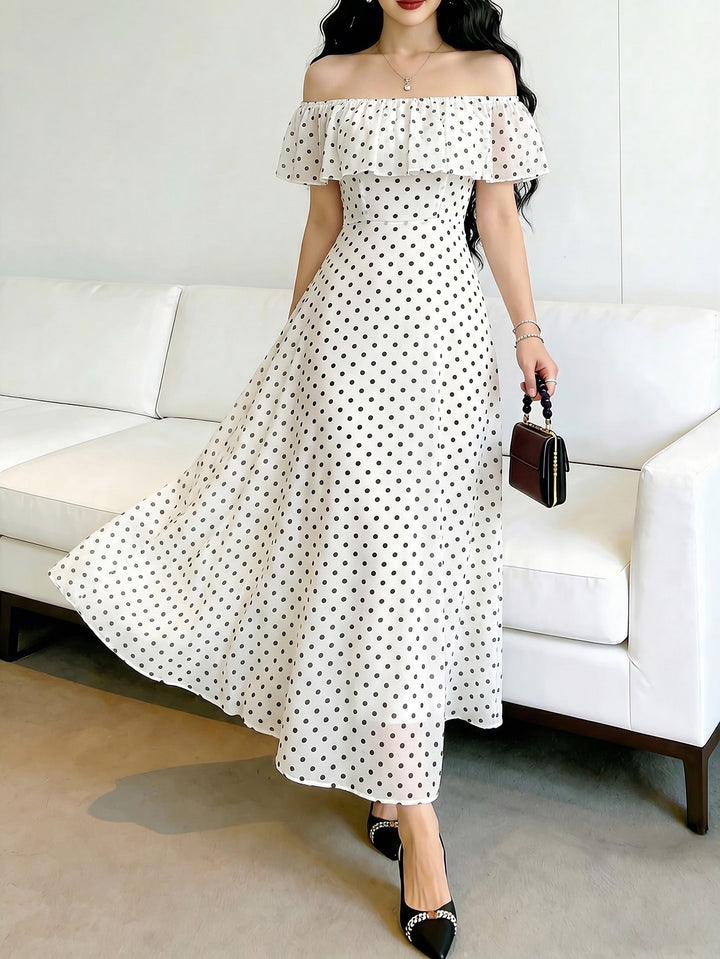 Off Shoulder Polka Dot Midi Dress